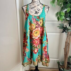 Studio Spa Floral Cotton Sequin Hem Sleeveless Boho Swing Dress Green Sz S